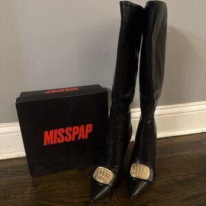 MISSPAP Thigh High Black Heeled Boots with Gold Detail